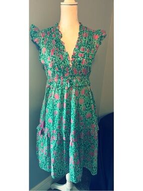 Banianan Floral Cotton Ruffle Dress Green Pink Boho Tiered Small